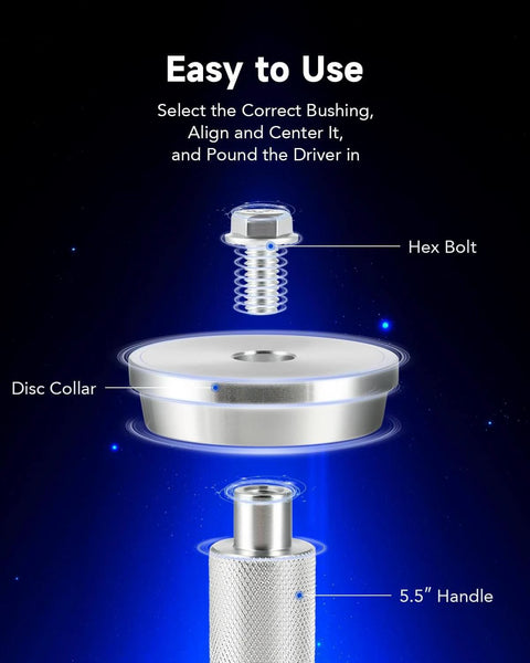 Image of hex bolt, disc collar, and 5.5 inch handle from 10pc Bearing Press Kit with Race and Seal Driver Set