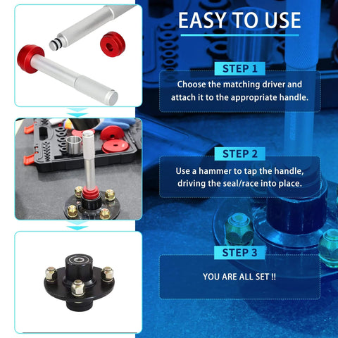 Instruction guide for Bearing Press Kit, Bearing Race and Seal Driver Set showing assembly steps and tools included in the set.