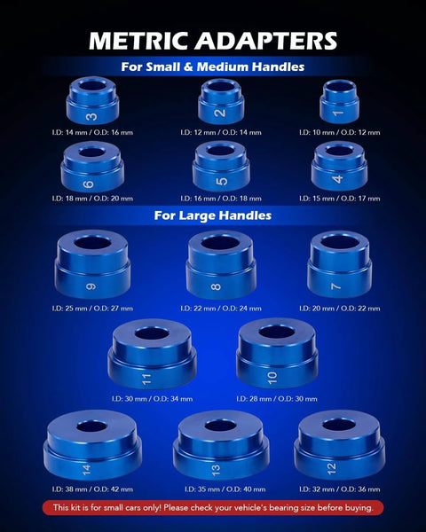 Various metric adapters for 33pc Bearing Press Kit for Small Vehicles, showing different sizes for small, medium, and large handles.