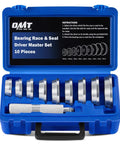 10pc Bearing Press Kit with Race and Seal Driver Set in blue case, showing knurled handle and 9 dual sided aluminum adapters for safe installation.