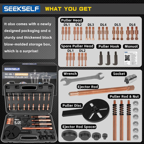 Layout of Blind Hole Bearing Puller Kit, 36 in 1 with tools, black storage box, and components labeled, showing detailed set contents.