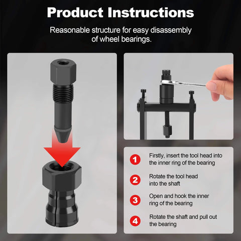 Bearing Puller Kit, 10 Pcs Blind Hole Bearing Puller Set, product instructions with tool assembly steps and close-up of components.