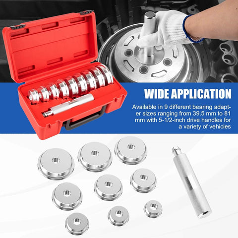 10pcs Bearing Race and Seal Driver Set with 1pc Driver Handle and 9 Disk Adapters displayed in red case, used for wheel hubs