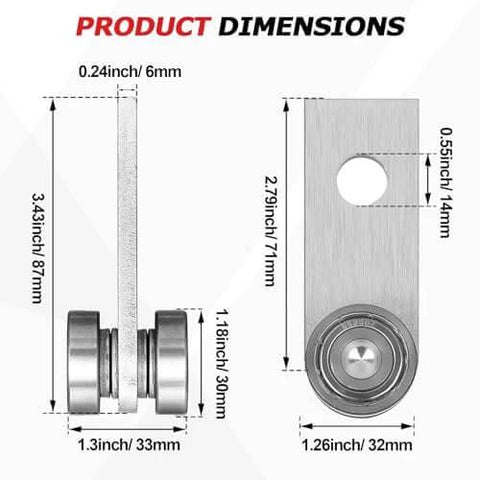 Diagram of 2pcs Bearing Trolley Assembly with dimensions, showing 2 wheel rollers for 1-5/8 inch strut channel, solid steel.