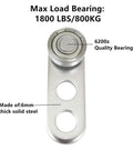 Close-up of 2 Wheel Silent Trolley Assembly Rollers with Deep Groove Bearings, galvanized steel, showing 6200z quality bearing and notes on load capacity.