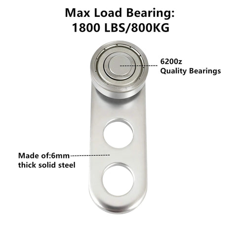 Close-up of 2 Wheel Silent Trolley Assembly Rollers with Deep Groove Bearings, galvanized steel, showing 6200z quality bearing and notes on load capacity.