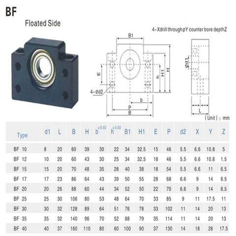 Diagram and specifications for BF12 Support in 600mm SFU1605 CNC Ball Screw Assembly with Ballnut, BK12 BF12 Supports & Coupler