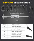 Upgrade Bicycle Blind Hole Bearing Puller Set with Slide Hammer & Two-Jawed Puller Kit showing collets and specifications chart
