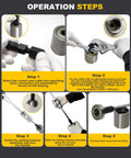Operation guide for using Upgrade Bicycle Blind Hole Bearing Puller Set with Slide Hammer & Two-Jawed Puller Kit, steps 1 to 5 shown.