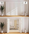 Bifold door hardware kit with 48 inch closet track for folding doors, installed in a room, showcasing smooth, space-saving operation.