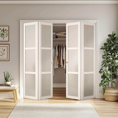 Bifold door hardware kit with 48 inch closet track for folding doors, complete repair and replacement set installed on white doors.