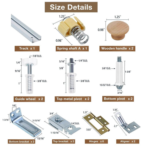Bifold door hardware kit with 48 inch closet track for folding doors showing components like pivots, brackets, guide wheels.