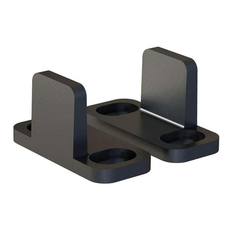 Black aluminum floor guide for sliding barn doors and bypass systems, anodized finish, durable 1/8 inch arm thickness, set of 2 guides.