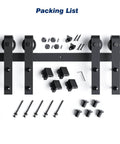 Components of 6.6 FT Double Door Sliding Barn Door Hardware Track Kit with basic J pulley, including steel rails and rollers.