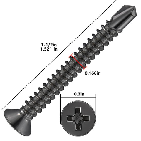 Close-up image of a 200pcs #8 x 1-1/2 Inch Flat Head Self Tapping Sheet Metal Screw, black stainless steel with dimensions marked.