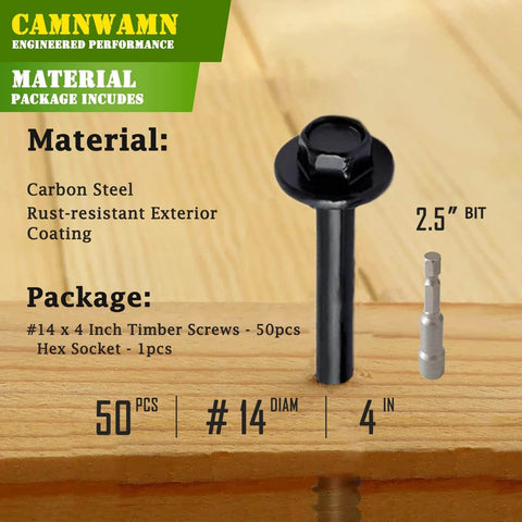 50pcs #14 x 4 Inch Heavy Duty Wood Structural Screws, Black Hex Head Timber for Logs, Landscaping, Decks, Framing with Hex Socket