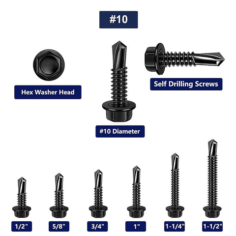 Different sizes of 100pcs 410 Stainless Steel #10x1-1/4 Hex Washer Head Self Drilling Screws, Black Oxide Self Tapping Tek Screws