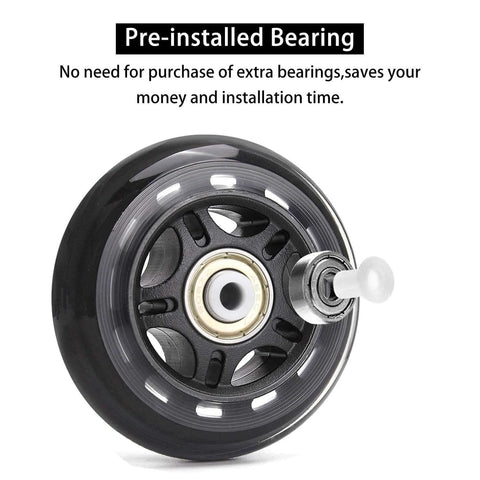 Close-up of black 8 Pack 64mm 82A Indoor Inline Skate Replacement Wheel with ABEC-7 bearing pre-installed for luggage and scooter.