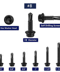 100pcs 410 Stainless Steel #8x3/4 Hex Washer Head Self Drilling Screws with black oxide finish, showing different lengths.