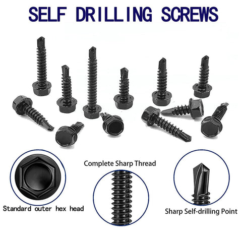 100pcs 410 Stainless Steel #10x1 Hex Washer Head Self Drilling Screws, Black Oxide Self Tapping Tek Screws for Metal Plates