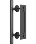 12 inch heavy duty sliding barn door handle with pull and flush finger hardware set, black powder coated, side view