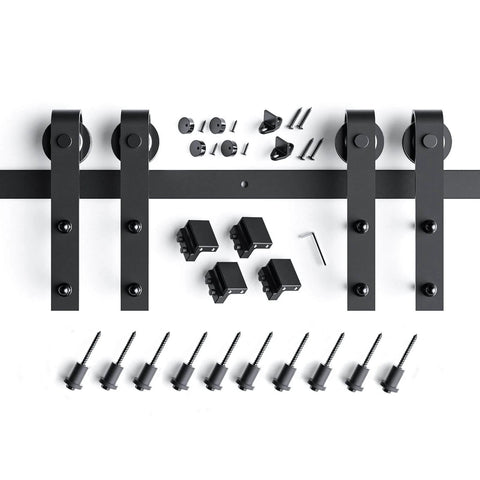 Components of 14 FT Double Door Sliding Barn Door Hardware Track Kit with basic J pulley, heavy duty steel construction, black finish