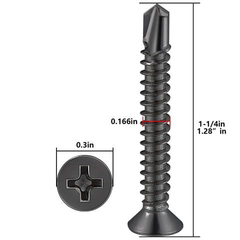 250pcs #8 x 1-1/4 Inch Flat Head Self Tapping Sheet Metal Screws Black Stainless Steel High Strength with Deep Threads