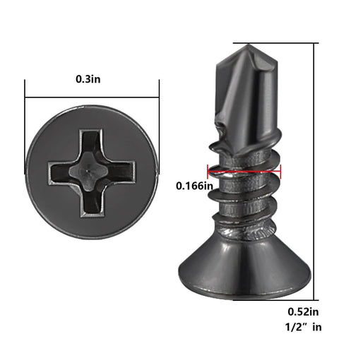 Close-up of 600pcs #8 x 1/2 Inch Flat Head Self Tapping Sheet Metal Screws Black Stainless Steel showing measurements and details