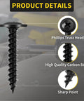 220 PCS #8 Truss Head Black Wood Screws Assortment Kit with Phillips Drive High Hardness Screws, close-up on screw features