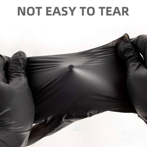 Hands stretching Black Vinyl Medical Exam Gloves Disposable Latex Free Powder Free 100 Count to show durability