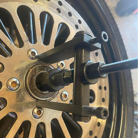 12pcs Blind Hole Bearing Puller Set Internal Bearing Extractor Kit in use on motorcycle wheel, focusing on expanding collet 8-32MM