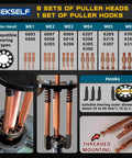 Blind Hole Bearing Puller Kit, 36 in 1 Inner Outer Bearing Separator Set with puller heads and hooks diagram.