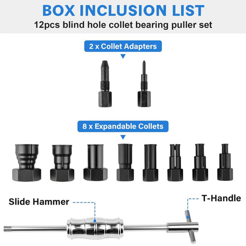 Box inclusion list showing parts of the 12pcs Blind Hole Collet Bearing Puller Set with Slide Hammer and Expandable Collets 8-32mm.