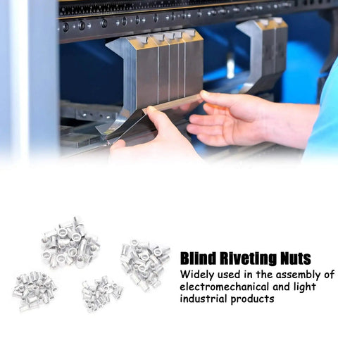 Hands demonstrating use of Aluminum Rivet Nuts Kit M4 M5 M6 M8, 100 Pieces, Blind Riveting Nuts for Electromechanical Assembly.