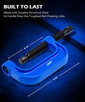 Ball Joint Press Kit, 21-Piece Ball Joint Removal Tool, close-up of blue C-clamp with measurements, for 2WD and 4WD vehicles