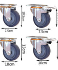 Heavy Duty Blue Rubber Caster Wheels Set with Brakes, Industrial Swivel Plate Castors for Trolleys & Furniture, side view with dimensions