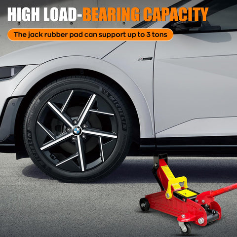 BMW car with a jack beneath, illustrating use of BMW Jack Pad Set 4 Pack For Lift Safety And Protection Pro Grade Heavy Duty Rubber Jack Pads For BMW And Mini Cars 2010 To 2025