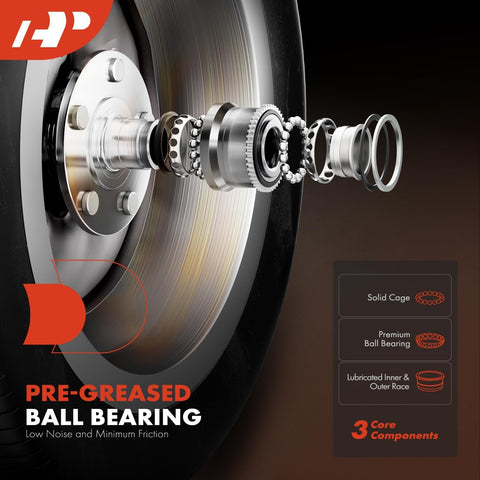 Pre-greased ball bearing hub assembly components for BMW models with labeled parts diagram, highlighting solid cage, premium ball bearing, and lubricated inner and outer race.