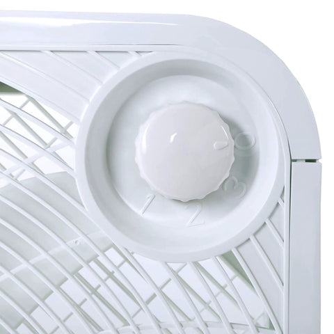 Close-up of speed dial on Heavy Duty 20 Inch Box Fan With 3 Quiet Speeds For Home Garage Office And Bedroom Delivering 2400 CFM Airflow And 1100 RPM Corded Portable Floor Mount Cooling For Basement And Living Spaces From Hurricane