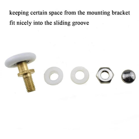 20mm diameter brass shower door wheels with nylon rollers, stainless steel screws and ball bearings disassembled view