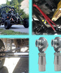 Collage of 5/8 Heim Joint Rod End Kit 2 Pair with Right and Left Hand Threads, .625 Chromoly Panhard Joints on vehicles