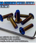 ✝️ 6PCS Steering Wheel Screw Kit, Burnt Titanium Finish Round Head Taper Steering Wheel Bolts, M5×0.8/20mm, shown with hex key.