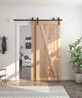 6 Feet Bypass Sliding Barn Door Hardware Kit for Double Wooden Doors with Single Track in modern room setting
