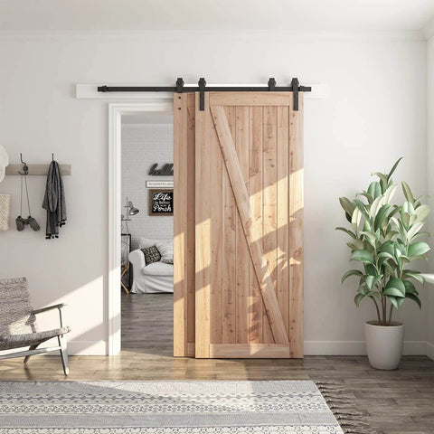 6 Feet Bypass Sliding Barn Door Hardware Kit for Double Wooden Doors with Single Track in modern room setting