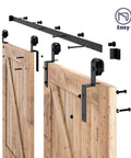Parts of 6 Feet Bypass Sliding Barn Door Hardware Kit for Double Wooden Doors with Single Track displayed with components