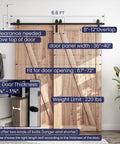 6.6 Feet Bypass Sliding Barn Door Hardware Kit for Double Wooden Doors with Single Track installed on wooden doors in a room.