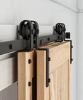 Close-up of 8 Feet Bypass Sliding Barn Door Hardware Kit for Double Wooden Doors with Single Track and carbon steel rail installed.