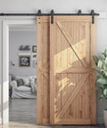 6.6 Feet Bypass Sliding Barn Door Hardware Kit for Double Wooden Doors with Single Track installed in living room