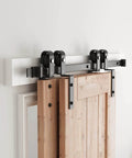 4 Feet Bypass Sliding Barn Door Hardware Kit for Double Wooden Doors with Single Track in use, showing heavy duty carbon steel rail installation