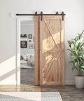 5.5 Feet Bypass Sliding Barn Door Hardware Kit for Double Wooden Doors with Single Track installed in cozy room